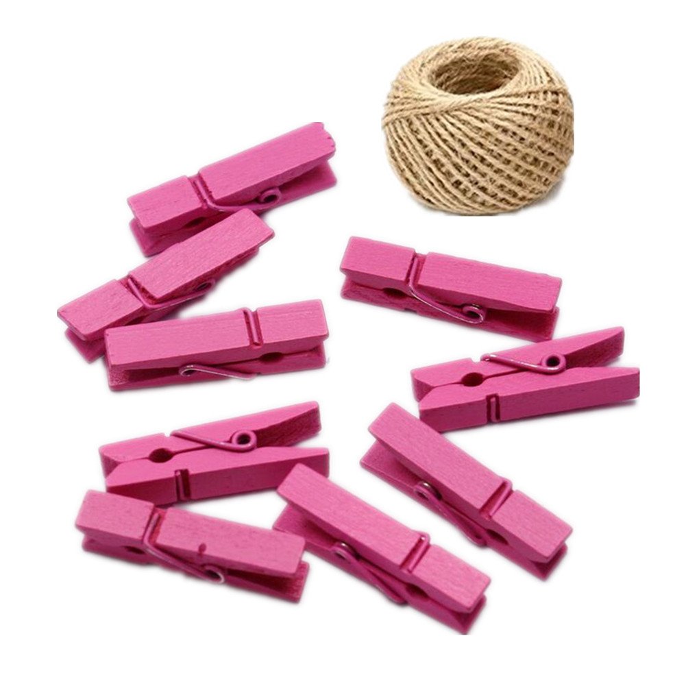 100 Colored Wooden Mini Pegs Clothespins Craft Photo Clips with 20 meters Jute Twine for Craft Rustic Decoration (Rose)
