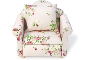 CUTEMINI Dollhouse Couch with Pillow 1 12 Scale Miniature Sofa Arm Chair Living Room Furniture Wooden Fabric Frame Single Reading Chair Artificial House Room Scene Decoration (Pink)