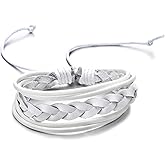 COOLSTEELANDBEYOND Mens Womens White Braided Leather Bracelet, Leather Wristband Wrap Bracelet, Adjustable