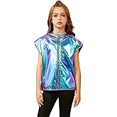 Jxstar Girls Metallic Hoodie Vest Kids Shiny Zip Up Outfit Sleeveless Disco Shirt with Pocket