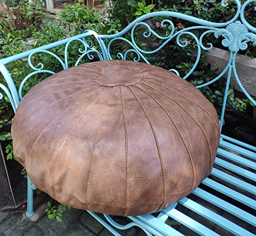 RISEON Boho Handmade Faux Leather Moroccan Pouf Footstool Ottoman Leather Poufs Unstuffed 25.6" x 9.84" -Round Floor Cushion Footstool for Living Room, Bedroom and Under Desk (Tan)