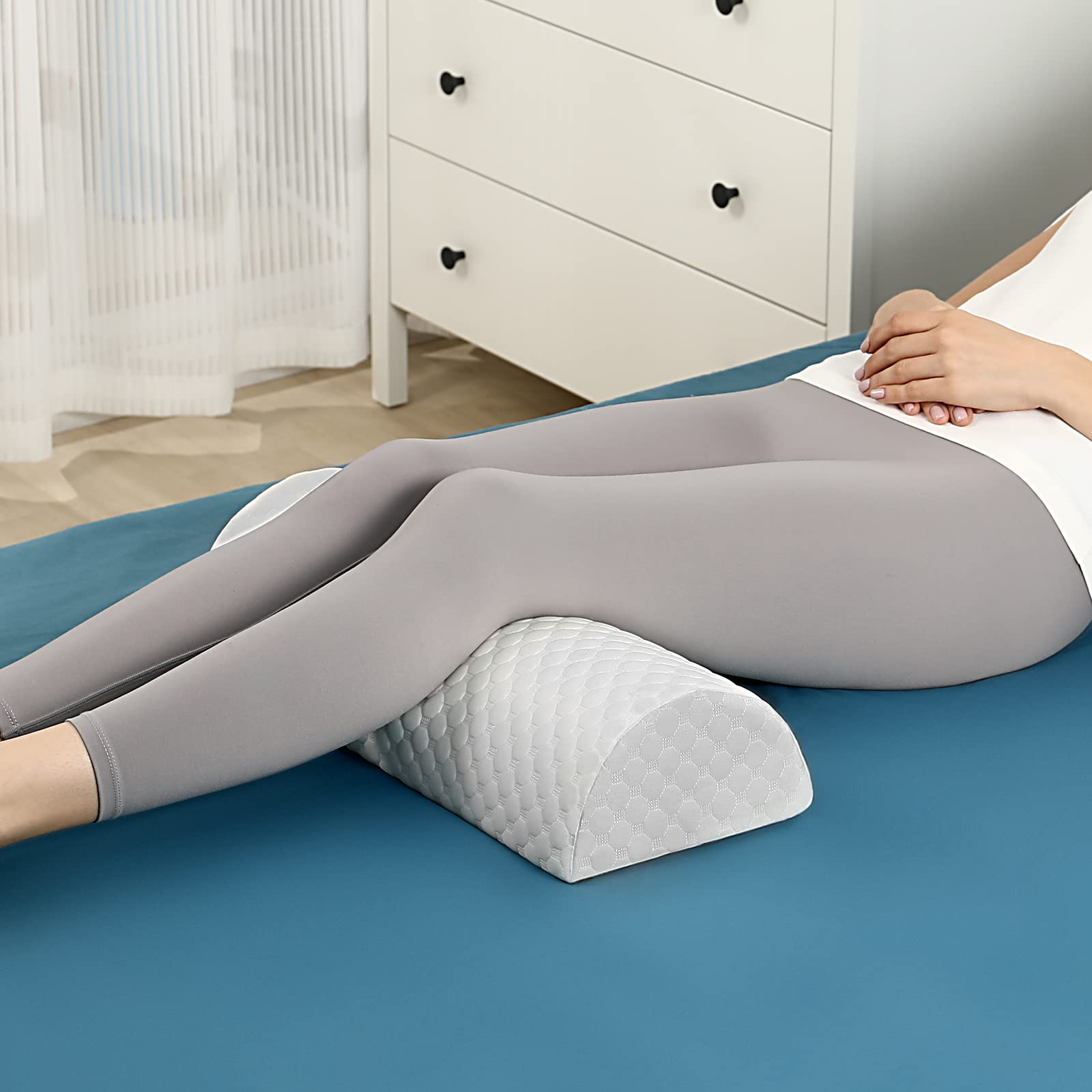 Forias Knee Pillow for Back Sleeping, Memory Foam Leg Pillow for Side Sleeping Bolster Pillow for Legs Elevation Half Moon Leg Elevation Pillow for Knee Lumbar Support, Ankle Rest and Foot Comfort