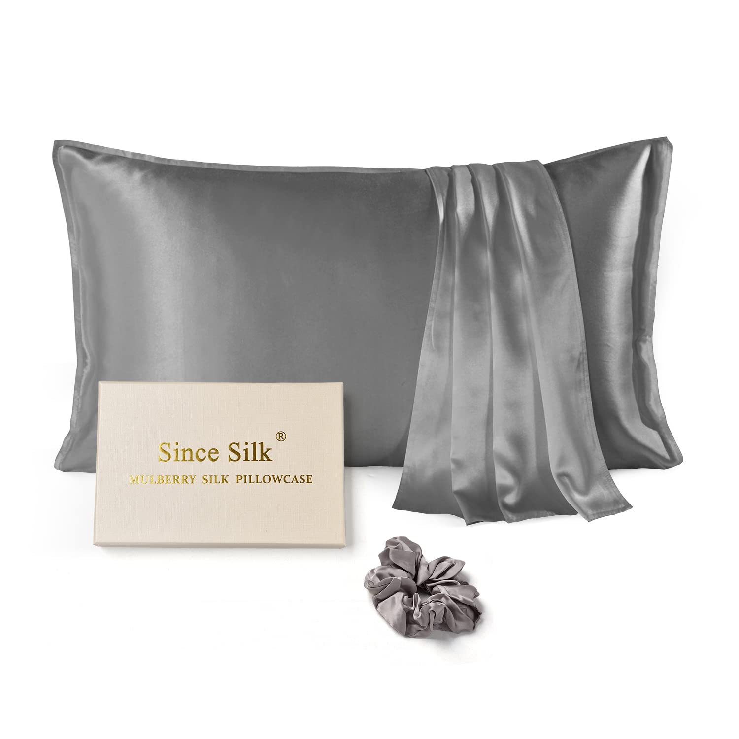 Since Silk 100% Mulberry Silk Pillowcase 25 Momme, Both Sides Silk with Hidden Zipper Slip Silk Pillow Cases 1PC, Housewife Silk Pillow Cover for Hair and Skin, Gift Box(50x90cm, Gray)
