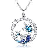 OHAYOO Sea Turtle Necklace 925 Sterling Silver Ocean Animal Pendant Necklace with Octopus, Shark, Seahorse, and Turtle Charms, Hawaiian Ocean Jewelry Gift for Women Turtles Lovers