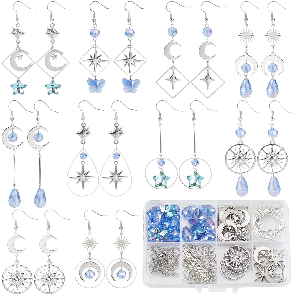 SUNNYCLUE 1 Box DIY 10 Pairs Moon Earring Making Kit Silver Moon Star Charms Blue Glass Moon Sun Clear Star Brass Connectors Charm With Teardrop Square Beading Hoop For Jewellery Making Dangle