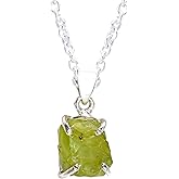 GEMKORA Natural Real Raw Peridot Crystals Prong Pendant Necklace, Birthstone, Healing Rough Gemstone, 925 Sterling Silver Jewelry 18 inch
