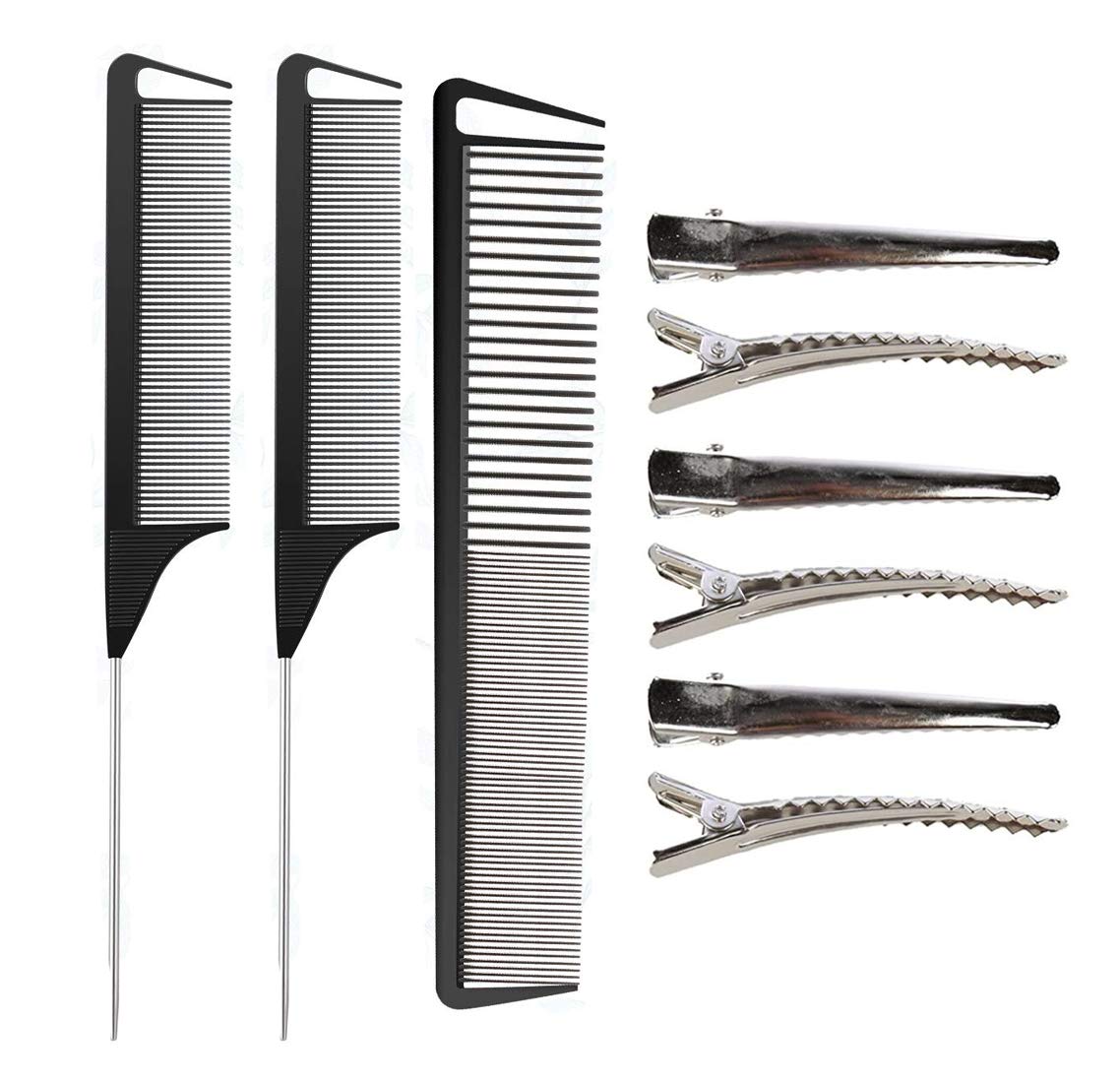 Rat Tail Combs Set, RuiChy 3 Pack Carbon Styling Combs Barber Hairdressing Comb Cutting Wide and Fine Teeth Comb Steel Pintail Comb Teasing Hair Comb with 6 Metal Alligator Curl Clips