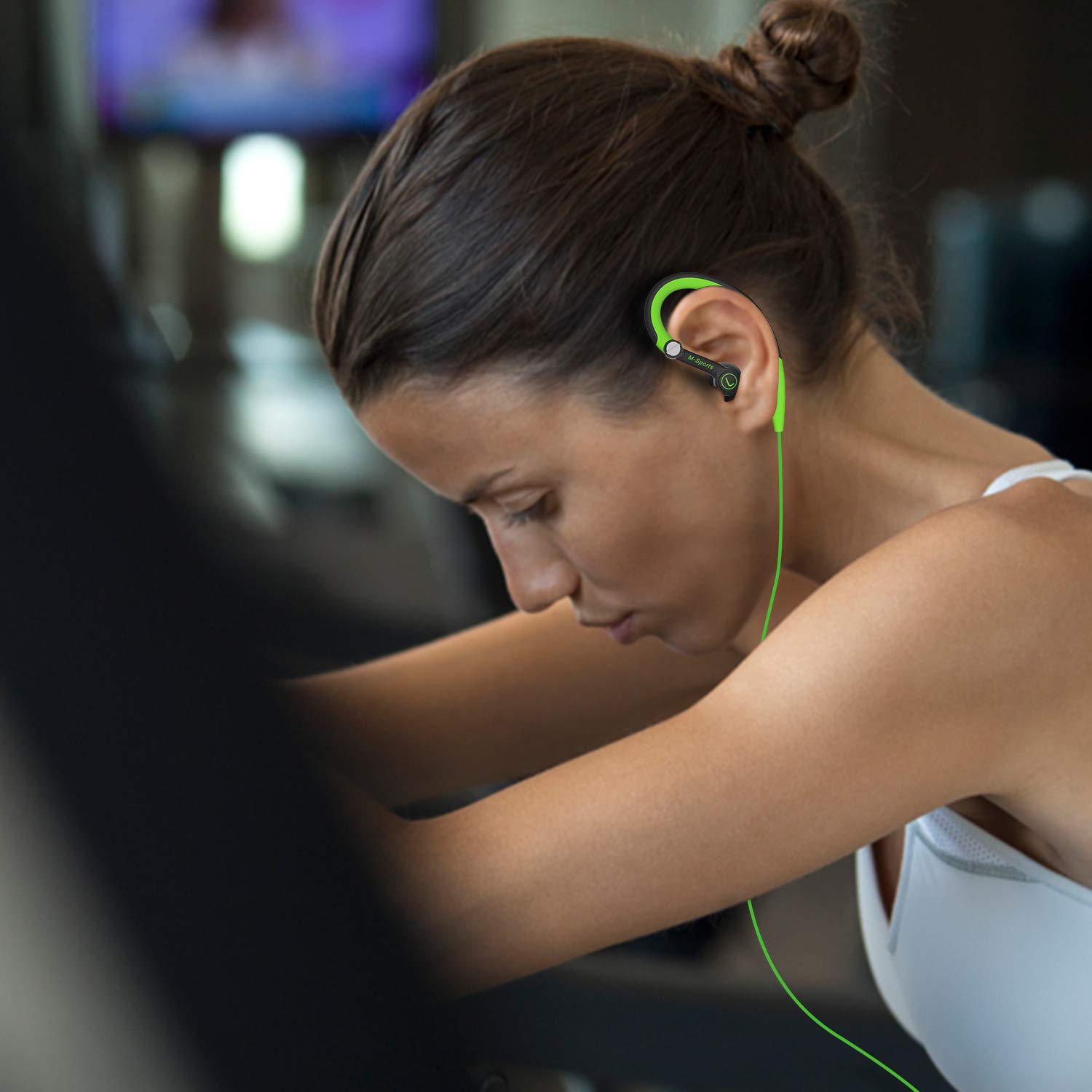 mucro Running Headphones Over Ear in Ear Sport Earbuds Earhook Wired Stereo Workout Ear Buds for Jogging Gym for Samsung Android Phones Tablets Etc(Green)