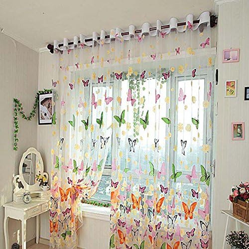 2 PCS Butterfly Printed Sheer Window Curtains Tulle Door Window Screen