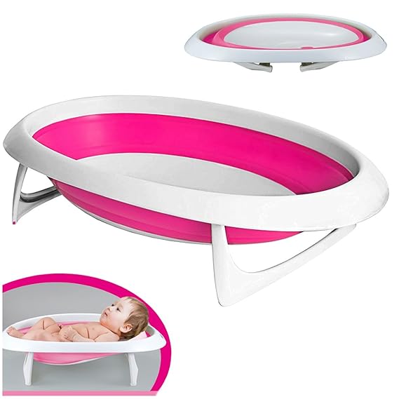deAO Zusammenklappbare Babybadewanne mit Zwei Unterstützungspositionen- tragbares Set(Rosa)