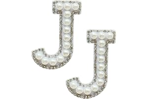 SOYCEV 2PCS White Pearl Iron on Letter Patches Rhinestone Letter Patches Sequin Letter Patches Sparkly Letter Patches for Backpacks Clothing (J)