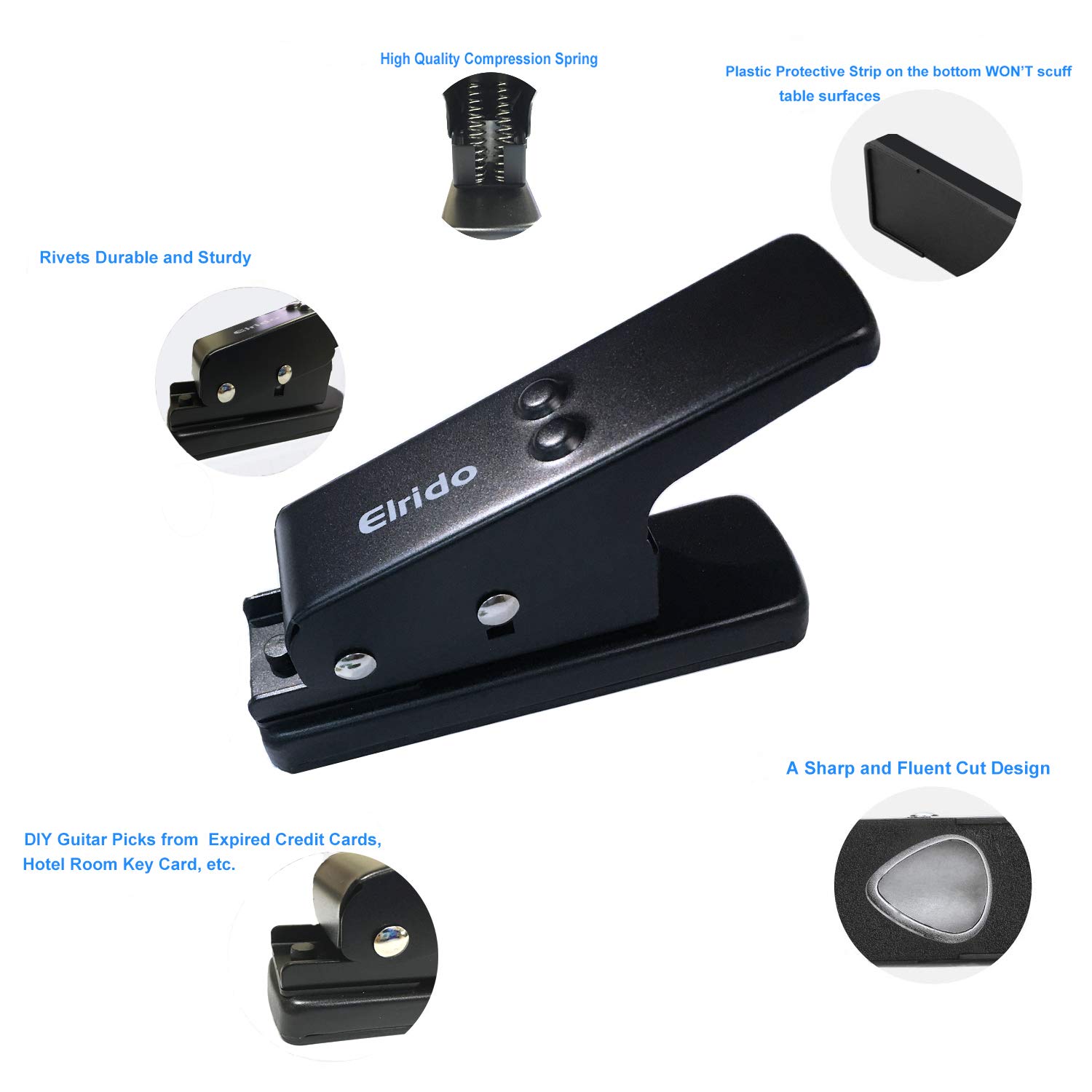 Elrido Guitar Picks Maker DIY Guitar Pick Punch Cutter with Leather Key Chain Pick Holder and 2 Pick Strips Sheet, Guitar Picks Making Tool Puncher Plectrum Punch Perfectly Every Time (1mm, Black)