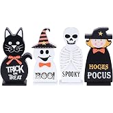 Halloween Decorations Indoor, DECSPAS 4 PCS Wood Blocks Halloween Table Decor, Ghost Black Cat Skull Witch Gothic Tabletop Ornaments, Hocus Pocus Decorations for Home, Tiered Tray, Shelf, Mantel