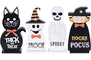 DECSPAS Halloween Decorations Indoor, 4 PCS Wood Blocks Halloween Table Decor, Ghost Black Cat Skull Witch Gothic Tabletop Ornaments, Hocus Pocus Decorations for Home, Tiered Tray, Shelf, Mantel