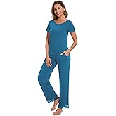 WiWi Pajamas Set for Women Soft Comfy Loungewear Short Sleeve Tops and Long Pants Viscose from Bamboo Sleepwear Pjs S-XXL