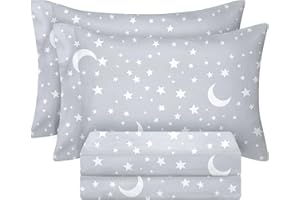 BYSURE Full Sheets Set Kids(Moon&Stars, Light Grey), 4 Pieces Easy Fit Deep Pocket Sheets Set, Breathable Wrinkle-Free Microfiber Bedding for Children