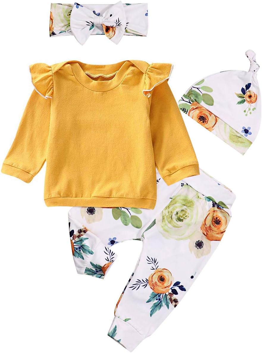 Newborn Baby Girls Clothes Ruffle T-Shirt + Floral Pants + Headband + Hat Outfit Sets