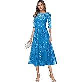 DLWPSC Tea Length Mother of The Bride Dresses 3/4 Sleeve Lace Tulle Scoop Neck Formal Evening Gowns