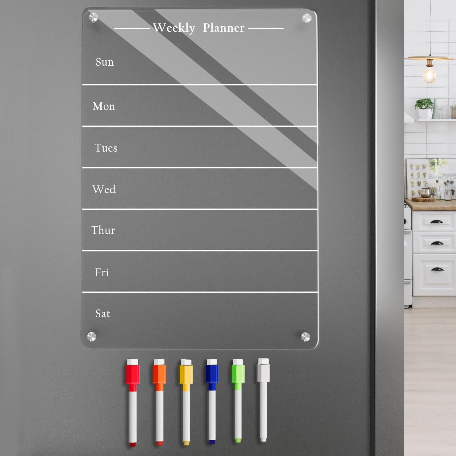 Photo 1 of Todkoding 9"x13" Clear Weekly Meal Planner Magnetic Acrylic Board,Acrylic Magnetic Dry Erase Board for Fridge, Magnet Week Calendar for Refrigerator Includes 6 Colors Markers and Pen Container