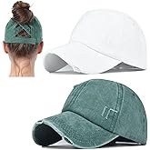 2 Packs Womens Ponytail Criss Cross Hat Baseball Cap Distressed Ponytail Hat High Messy Bun Trucker Ponycap
