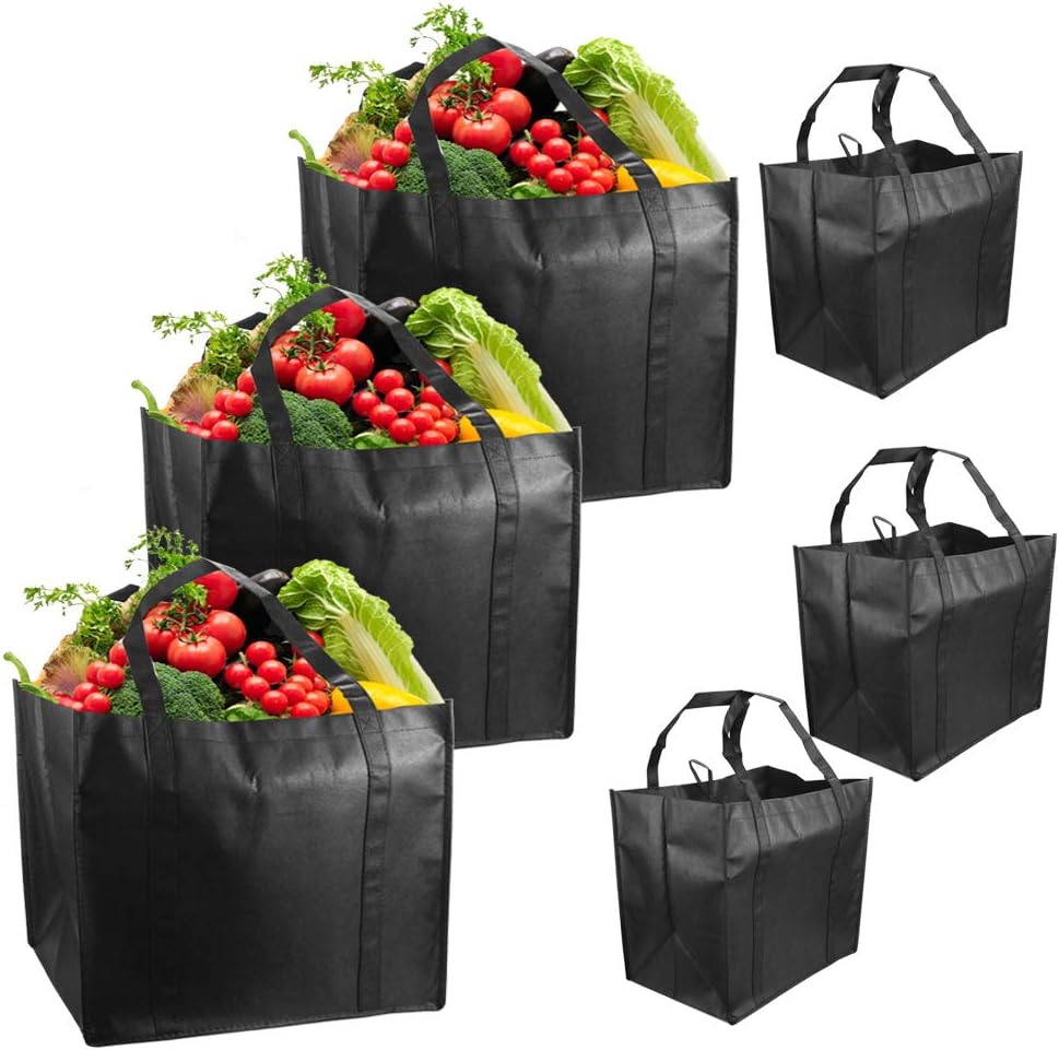 SSPECOTNR 6 Pcs Non Woven Grocery Tote Bag Reusable Large Shopping Bag Durable Heavy Duty Thick Support Bottom Reinforced Handle Carrier Shoulder Bags Hold 44+ lbs 15” x 10”x 14” Eco Friendly Black