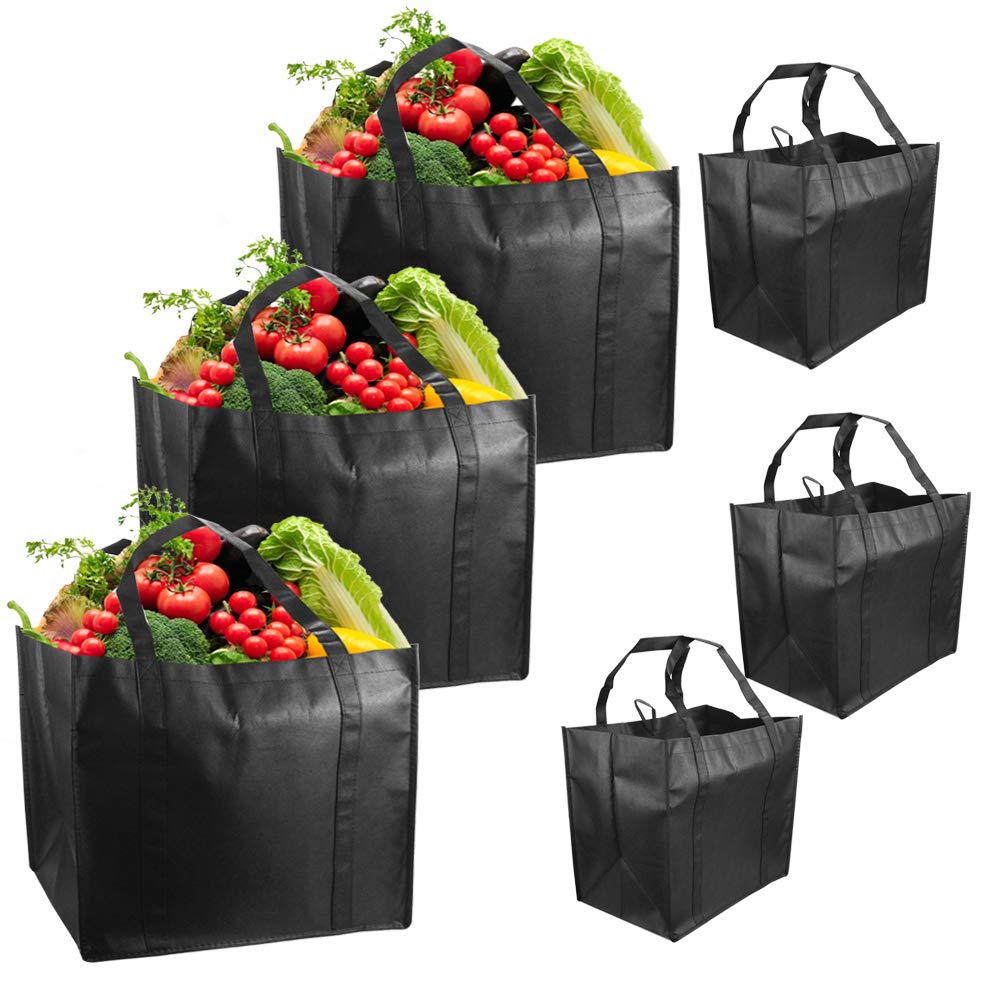 SSPECOTNR 6 Pcs Non Woven Grocery Tote Bag Reusable Large Shopping Bag Durable Heavy Duty Thick Support Bottom Reinforced Handle Carrier Shoulder Bags Hold 44+ lbs 15” x 10”x 14” Eco Friendly Black