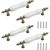 Oedema 4Pcs Ceramic Cabinet Pulls 3-inch Hole Center | Antique Drawer Knobs, Decorative Pull Handles, Furniture Hardware for Dresser, Door and Cupboard, Antique Brass, with Screws
