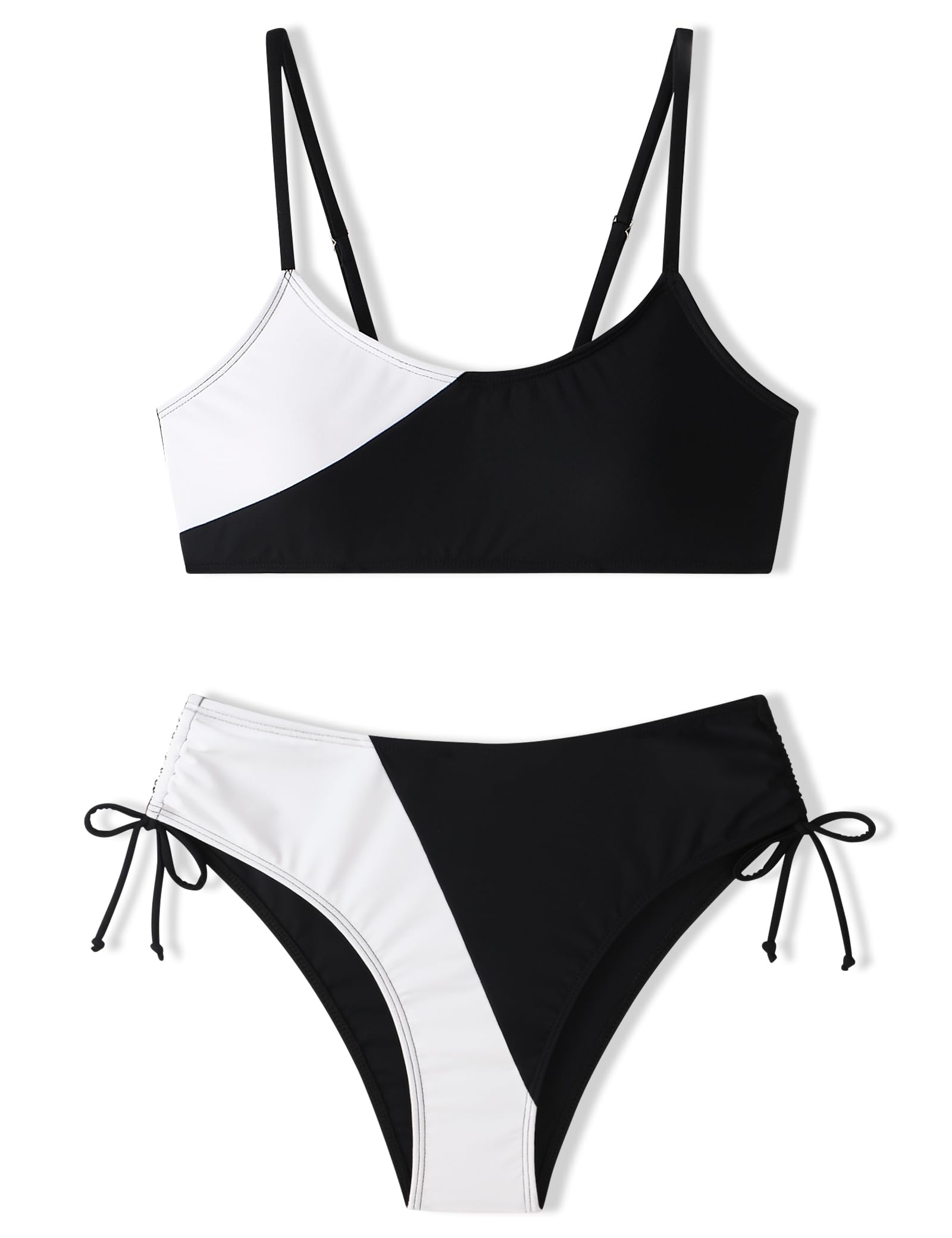 Photo 1 of FoWear Girls Swimsuits Bikini Set 2 Pieces Black and White Patchwork Color Block Bikini with Adjustable Shoulder Strap Girls Bathing Suits Size 14-16