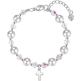 LuxeGrrrl Pearl Cross Bracelets for Girls, Sterling Silver Baby Bracelet, Baptism Gifts for Girl, Christening and First Communion Christian Jewelry Gift for Kids