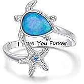 JZMSJF S925 Sterling Silver Sea Turtle Ring Adjustable Opal Turtle starfish ring I Love You Forever Nature Ocean Animal Jewelry for Women