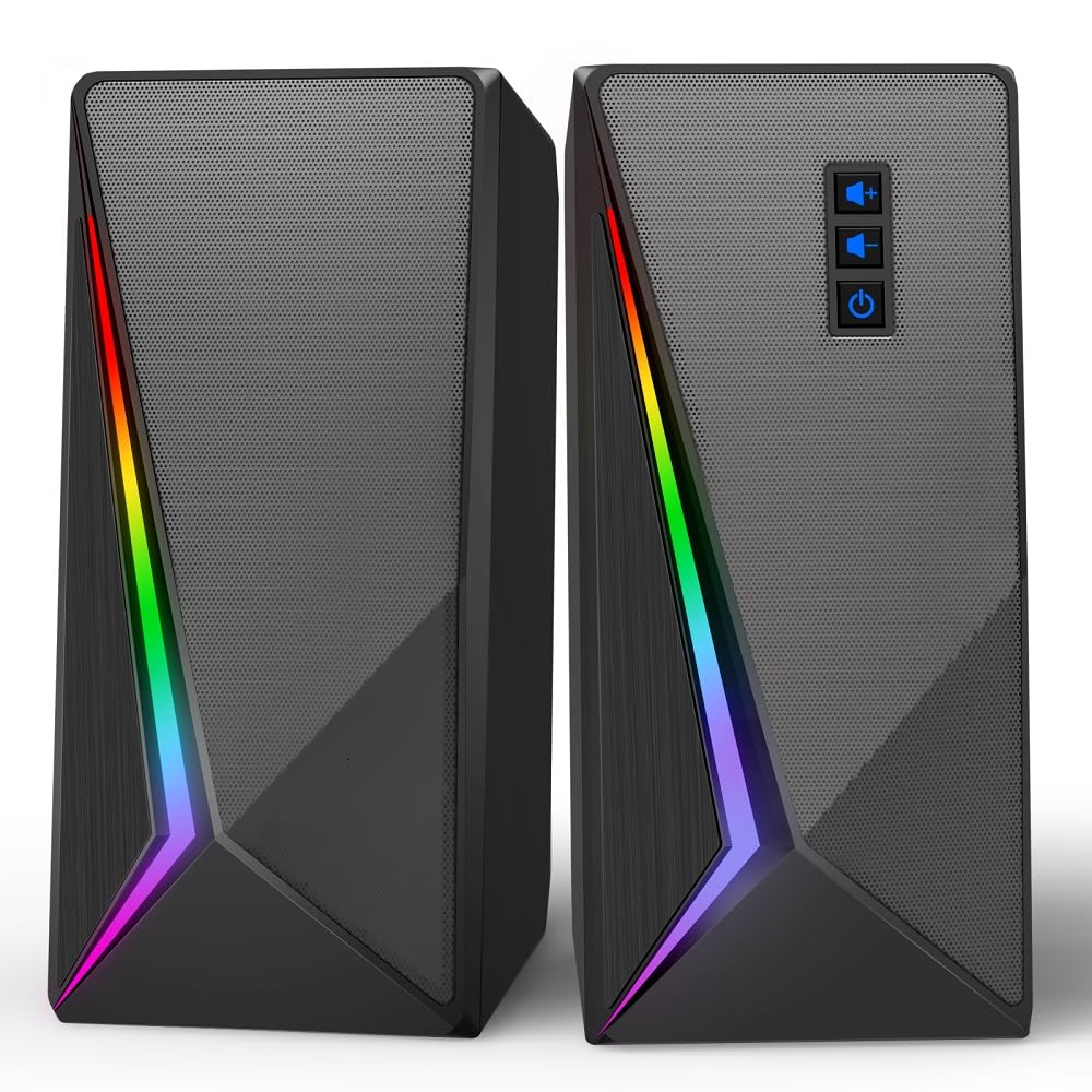 Photo 1 of LLEVTIC Computer Speakers, Desktop Speakers with 6 Colorful RGB Lights, Volume Control PC Speakers, USB Powered Gaming Speakers with 3.5mm Aux Cable for PC Monitor Laptop Tablet Phone