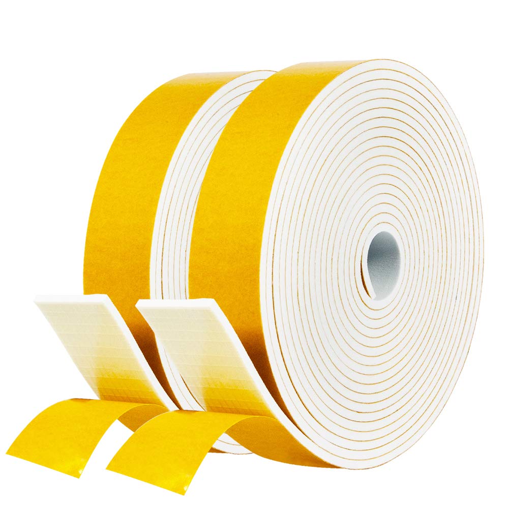 fowong Draft Excluder for Doors, 2 Rolls 25mm(W) x 3mm(T) Self Adhesive Foam Tape, High Density Adhesive Foam Weather Strip Seal for Window and Door, Soundproofing, Furniture Protective, Total 8M Long