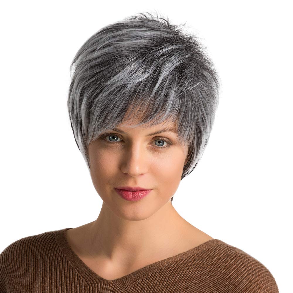 Emmor Short Grey Synthetic Wigs For Women Pixie Cut Wig Natural Realistic Daily Use Hair Mix Black