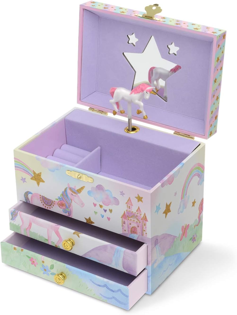 Jewelkeeper Musical Jewelry Box with 2 Pullout Drawers, Glitter Rainbow and Stars Unicorn Design, The Unicorn Tune: Jewelry