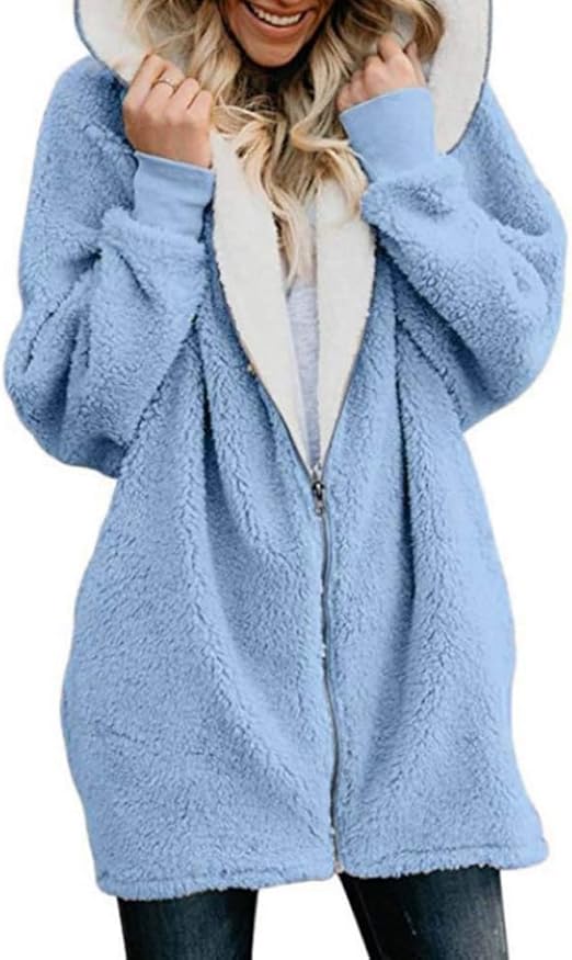 Women'S Autumn/Winter Hooded Zipper Cardigan Plush Jacket Plush Sweater Water Blue Amazon.co.uk