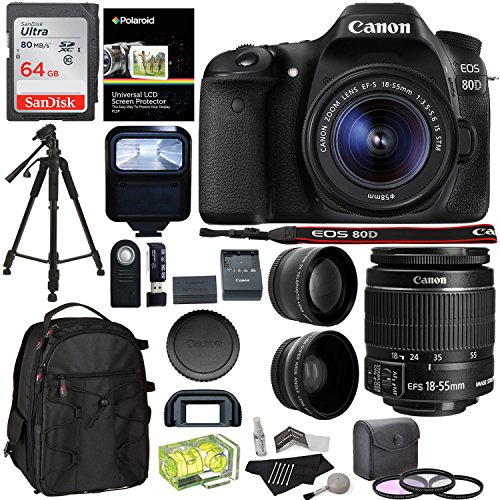 Canon EOS 80D Digital SLR Camera Kit EF-S 18-55mm Image Stabilization STM Lens + Polaroid .43x Super Wide Angle & 2.2X HD Telephoto Lens + 64GB Memory Card + Flash + Filters + Accessory Bundle