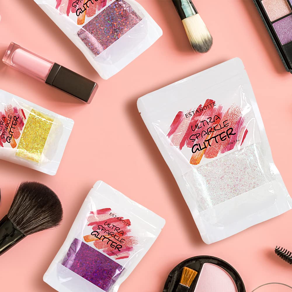 100g Holographic Glitter, Cosmetic Mixed Hexagon Chunky & Fine Craft Glitter Resin Sequins for Epoxy, Resin Art, Body, Hair, Face, Nail, Slime, Tumblers (Silver)