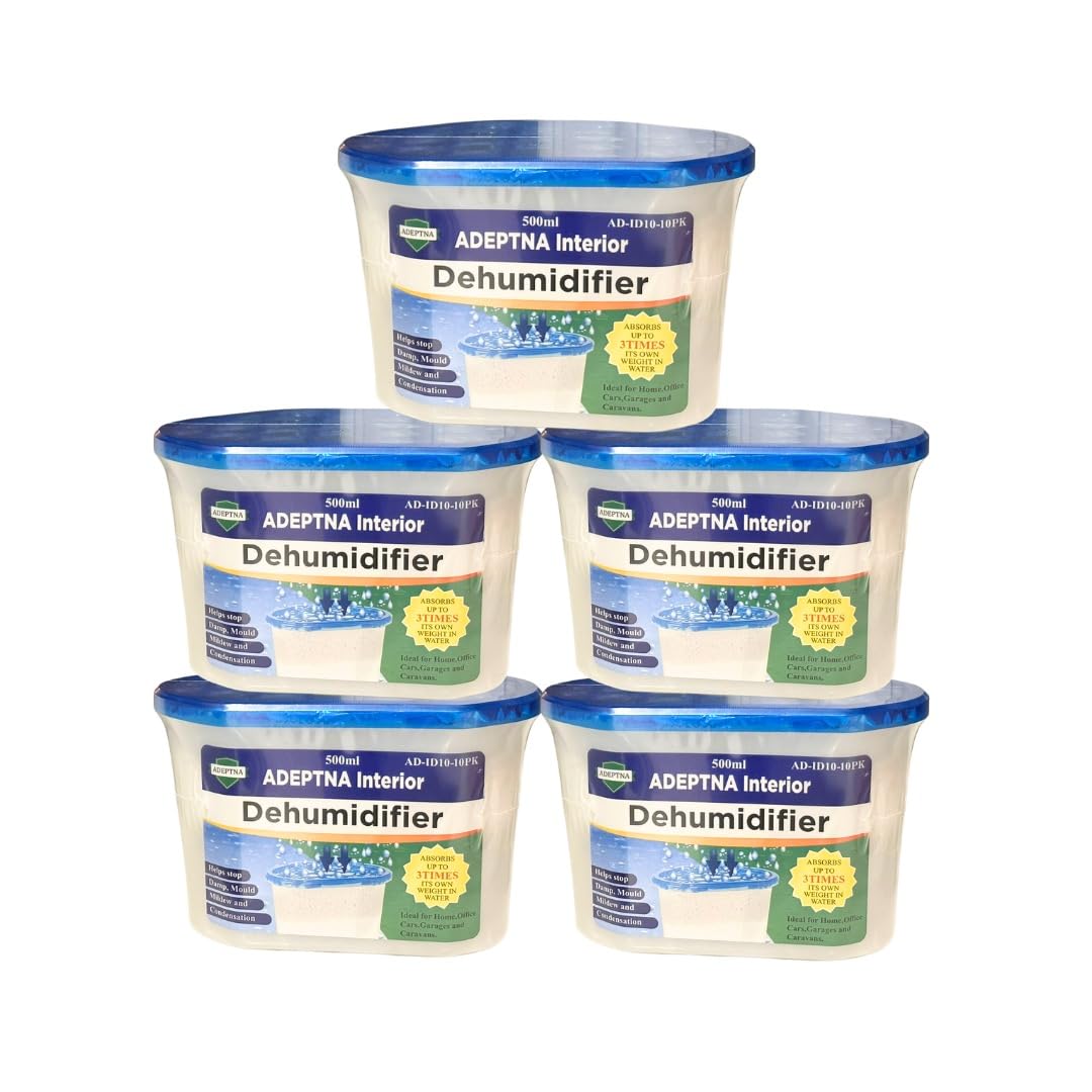 ADEPTNA 500ML INTERIOR DEHUMIDIFIERS MOULD MILDEW REMOVER ABSORBS MOISTURE HELPS STOP DAMP AND CONDENSATION - IDEAL FOR HOME KITCHEN BATHROOM OFFICE CARAVAN GARAGE (PACK OF 5)
