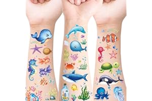198 Sheets Temporary Tattoos for Kids, Ocean Animal Waterproof Fake Tattoo Stickers Set - Dolphin Shark Turtle Crab Sea Horse