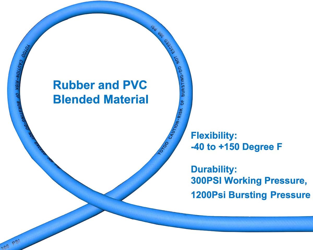 YOTOO Hybrid Air Hose 1/4-Inch by 25-Feet 300 PSI Heavy Duty, Lightweight, Kink Resistant, All-Weather Flexibility with 1/4-Inch Industrial Quick Coupler Fittings, Bend Restrictors, Blue - - 