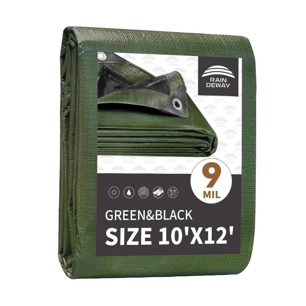 Photo 1 of 10x12 Feet Tarp Waterproof,9Mil Thick,Finished Size Tarps,UV Resistant,Durable,Multipurpose Poly Tarp Cover with Metal Grommets and Reinforced Edges,Green/Black by RAINDEWAY
