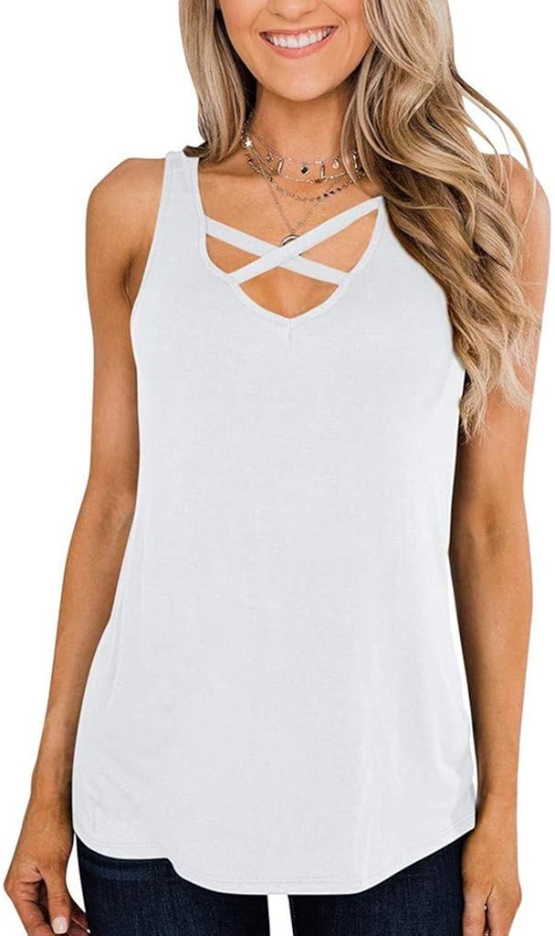 Xinantime Womens Summer Solid Colour V Neck Sleeveless Casual Loose Criss Cross Tank Tops