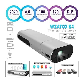 WZATCO K4 DLP Android 7.1.2 Projector 1G+8G BT 4.0 100 ANSI Lumens 854x480P Multi Language Home Theater Projector