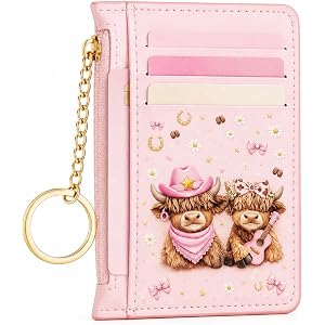 SJUDHHG Highland Cow Credit Card Holder, Small PU Leather Wallet for Women | RFID Blocking, Slim Card Wallet, with Zipper Coi