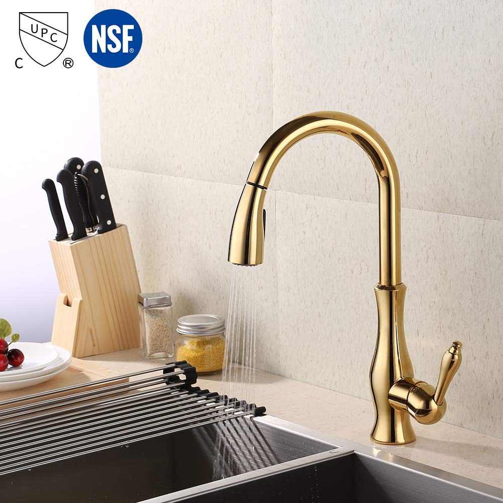 Swivel Spout Gold Kes Cupc Nsf Certified Brass Singel Lever High Arc Pull Down Kitchen Faucet With Retractable Pull Out Wand L6915lf Pg Kitchen Faucets Kitchen Fixtures Urbytus Com