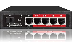 Poe Switch, 5 Port Gigabit PoE+ Switch, Cloud Managed Gigabit Ethernet Switch, 4 Poe Ports @52W, 1 Uplink Ports, 1 SFP Slot, 