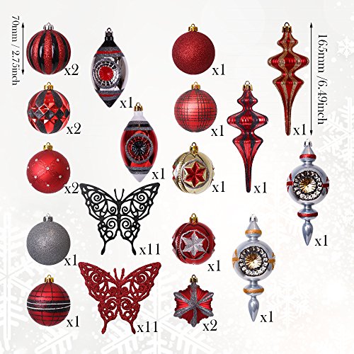 Valery Madelyn 50ct Trendy Red and Black Shatterproof Christmas Ball Ornaments Decoration, 70-165mm/2.75-6.49inch, 50 Pcs Metal Hooks Included, Themed with Tree Skirt(Not Included)