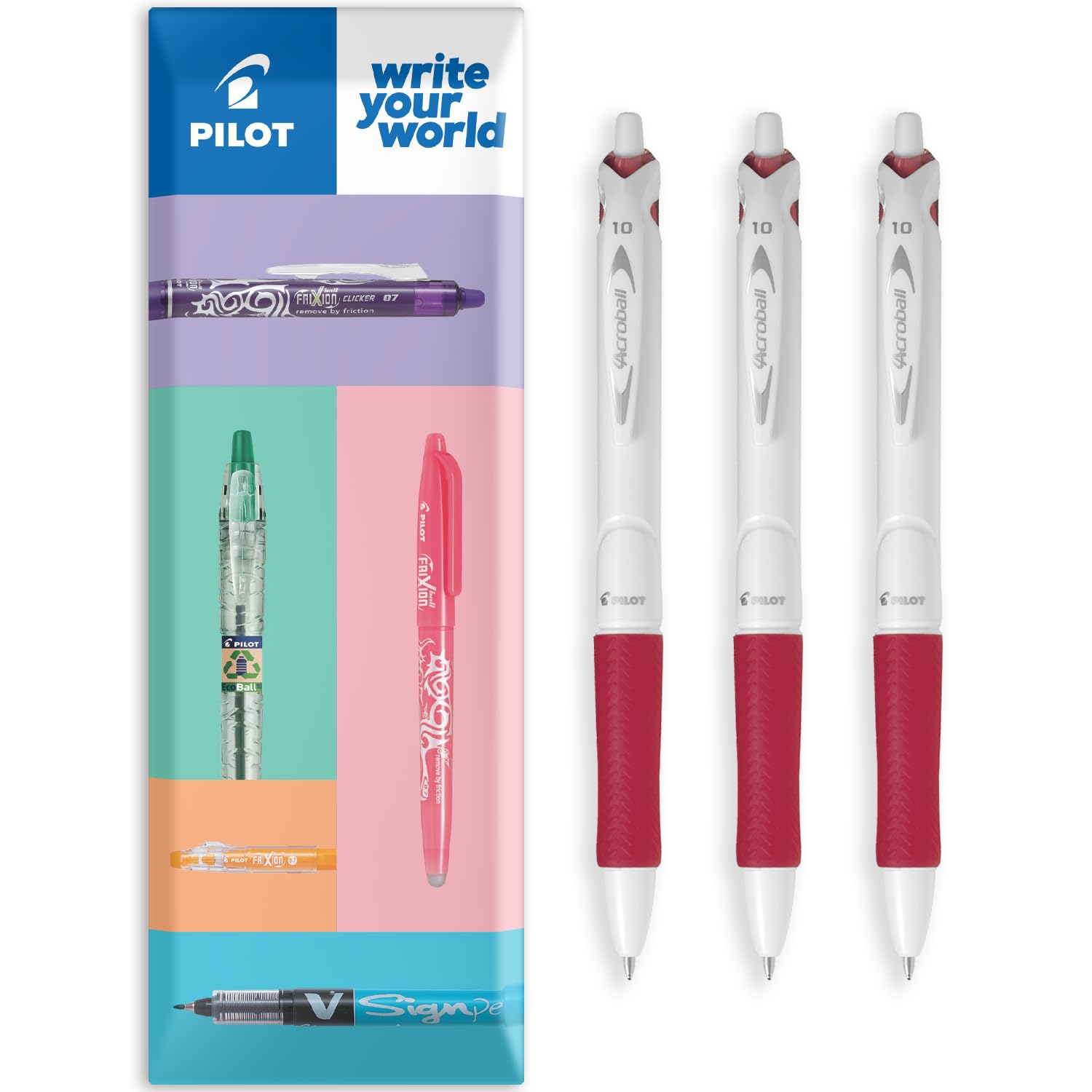 PILOT Acroball Pure White Retractable Ballpoint Pen - Begreen Range 79% Recycled - Pack of 3 Pens - Medium 1.0mm Nib - In Envelope Gift Packaging - Ideal for Writing, School, Home, Office. (Red)
