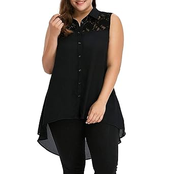 Große Größen Spitze Top Asymmetrisch Einfarbig Hemd Revers, Oyedens Frauen Mädchen Weste Spitze Hoch Niedrig Tops Ärmelloses 