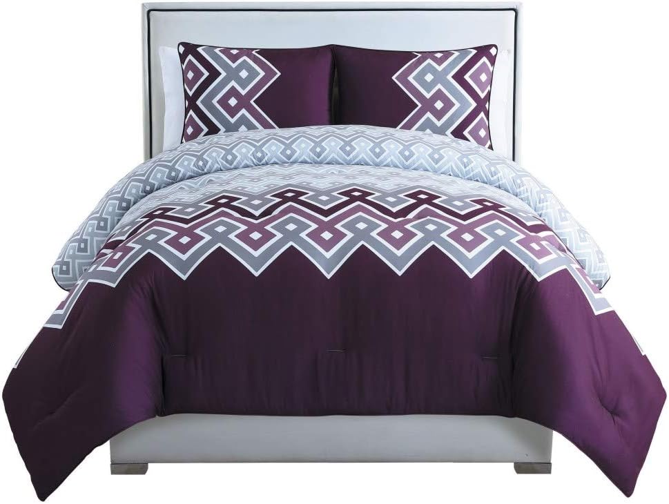 D&H 3 Piece Purple Geometric Comforter Queen Set, Stylish